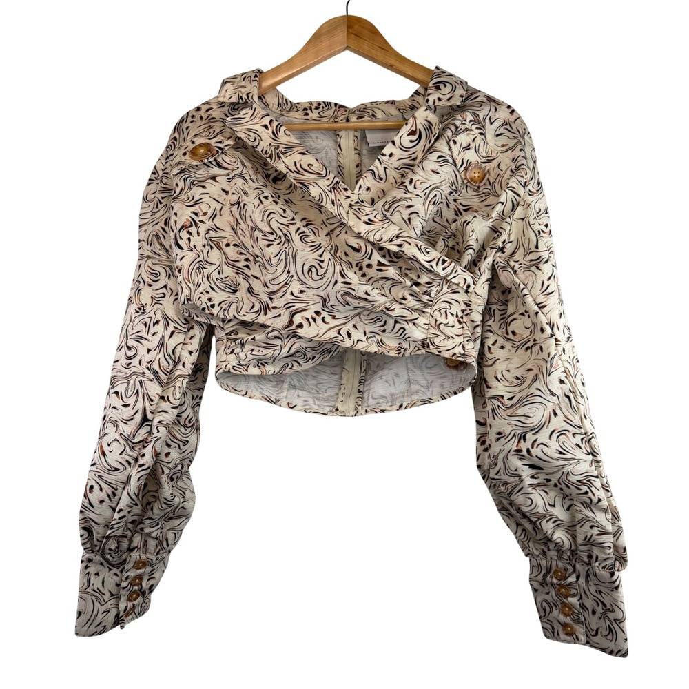C/MEO Collective Abstract Swirl Wrap Crop Top Puff Sleeve Cream Brown Size 8